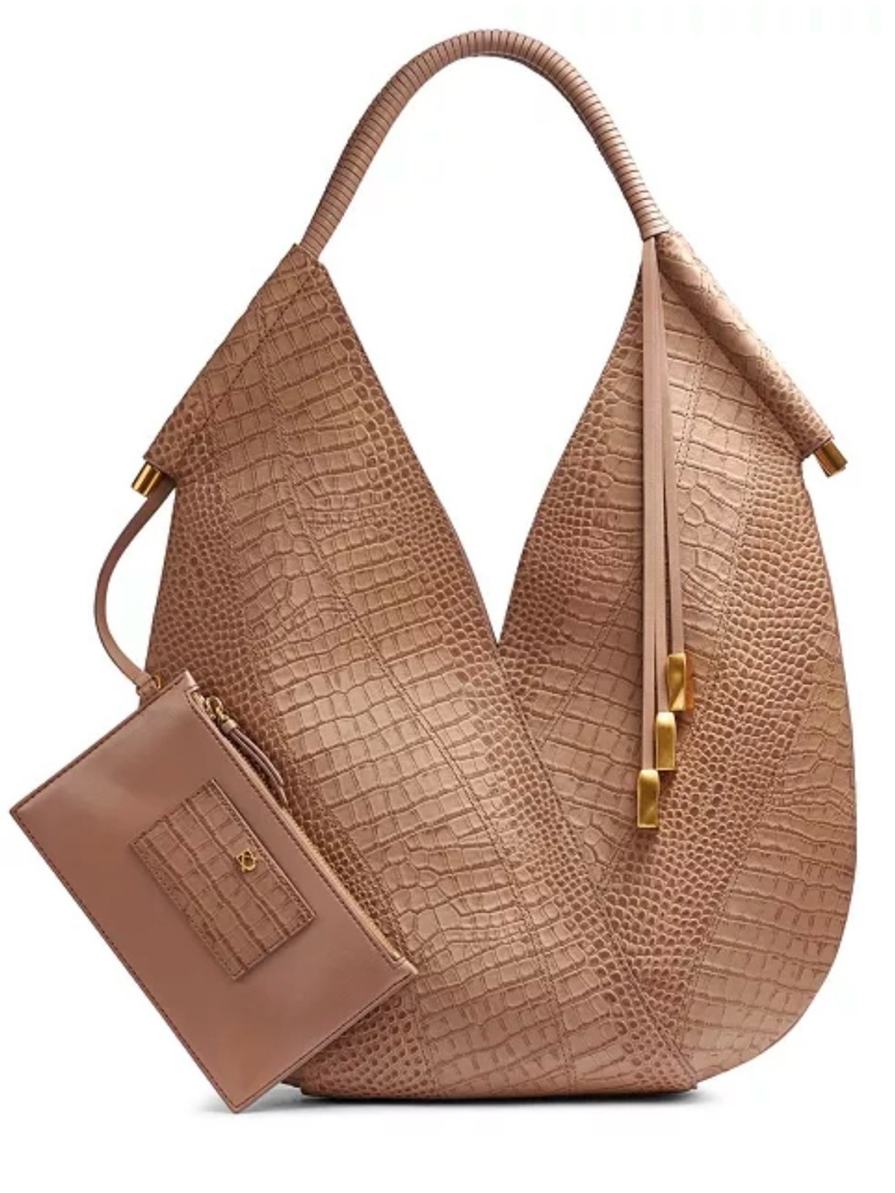 Donna Karan Baldwin Large Croco Wave Leather Shoulder Bag Tan Almond *NWOT*